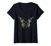 Donna Dark Fantasy Steampunk Butterfly Illustration Maglietta con Collo a V