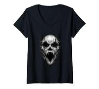 Donna Dark Horror Skull Face Arte Gotica da Incubo Maglietta con Collo a V
