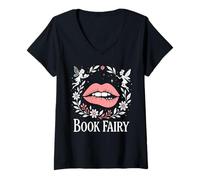 Donna Dark Romance, Libro Fantasy, Fata Che Legge i Vermi Maglietta con Collo a V