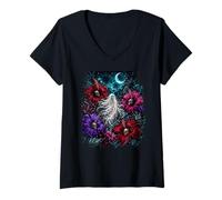 Donna Dark Tropical Ghost Skull Hibiscus Goth Halloween Estate Maglietta con Collo a V