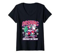 Donna Dashing Through The Snow Skateboard Santa Maglietta con Collo a V