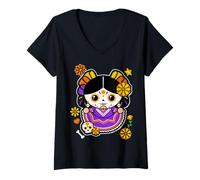 Donna De Los Muertos La Catrina Day of The Dead Sugar Skull Women Maglietta con Collo a V