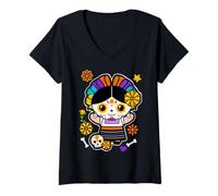 Donna De Los Muertos La Catrina Day of The Dead Sugar Skull Women Maglietta con Collo a V