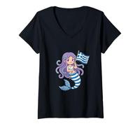 Donna Dea della Sirena Greca Medusa - Simpatica Bandiera della Grecia Souvenir Maglietta con Collo a V