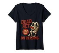 Donna Dead Deciso A Leggere Divertenti Skeleton Book Lover Halloween Maglietta con Collo a V