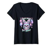 Donna Dead Inside But Hoppy Skull Bunny Pastel Goth Easter Maglietta con Collo a V