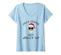Donna Dead Inside But Jolly AF Divertente Festa Umorismo Babbo Natale Scheletro Maglietta con Collo a V