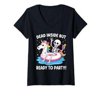 Donna Dead Inside But Ready To Party Skeleton Maglietta con Collo a V