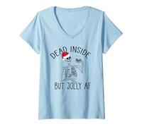 Donna Dead Inside MA Jolly AF Funny Skeleton Wine Christmas Meme Maglietta con Collo a V