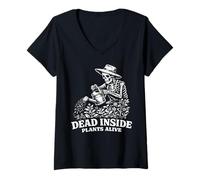 Donna Dead Inside Plants Alive Divertente Scheletro Giardinaggio Maglietta con Collo a V