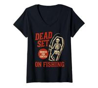 Donna Dead Set on Fishing Funny Skeleton Pescatori Pescatori Halloween Maglietta con Collo a V