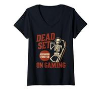 Donna Dead Set su Videogiochi Scheletro Divertente Gamer Halloween Maglietta con Collo a V