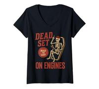 Donna Dead Set sui Motori Scheletro Divertente Meccanico Auto Halloween Maglietta con Collo a V