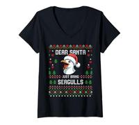 Donna Dear Santa Christmas Seagull Ugly Xmas Maglione gabbiani Maglietta con Collo a V