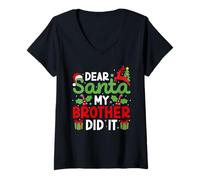 Donna Dear Santa My Brother Did It Divertente Natale Bambini Ragazzi Ragazze Maglietta con Collo a V