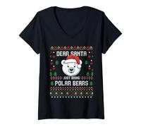 Donna Dear Santa Polar Bear Christmas Ugly Xmas Lover Maglione Maglietta con Collo a V