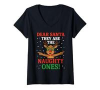 Donna Dear Santa They Are The Naughty Ones Cute Reindeer Christmas Maglietta con Collo a V