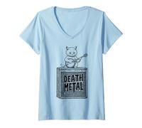 Donna Death Metal Cat Funny Kitten Amplificatore Heavy Banjo Musica Maglietta con Collo a V