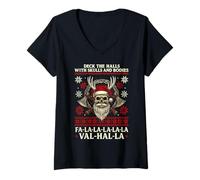 Donna Deck Natalizio Vichingo The Halls with Skulls Warrior Xmas Maglietta con Collo a V