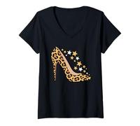 Donna Décolleté Leopardata con Stelle Glam Stile Animalier Maglietta con Collo a V
