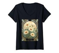 Donna Decorativo Daisy Bloom Art Nouveau Botanical Maglietta con Collo a V