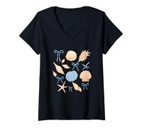 Donna Decorazione a tema estivo con stelle marine e conchiglie Maglietta con Collo a V