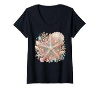 Donna Decorazione Colorata per Oceano con Conchiglie e Stelle Maglietta con Collo a V