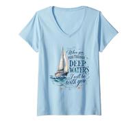 Donna Deep Waters Isaia 43 Christian Faith Bible Verse Barca a Vela Maglietta con Collo a V