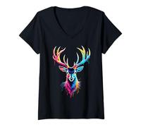 Donna Deer Amante Colorato Pop Art Bella Cervo Maglietta con Collo a V