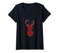 Donna Deer Plaid Red Reindeer Buck Christmas Xmas Maglietta con Collo a V