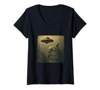 Donna Delfino Ufo Sorpreso Vintage Alien Sci-Fi Incontro Divertente Maglietta con Collo a V