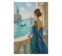 Donna dell'Acqua Veneziana Puzzle 1000 Pezzi in Legno, Sfida di Montaggio | Abito blu, Città illuminata dal sole, Stile a Olio, Realismo, Struttura in Legno, Sfida Impegnativa, Puzzle per Famiglia