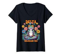 Donna Delta Colorado USA Psichedelico Frog Chill Zen Design Maglietta con Collo a V