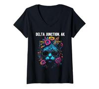 Donna Delta Junction - Gatto dell'Alaska con Occhiali da Sole e Fiori Maglietta con Collo a V