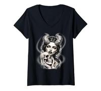 Donna Demone Demonessa Gotico Donna Cornuta Cranio Dark Fantasy Maglietta con Collo a V