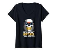 Donna Dentures Skull Retro Funny Bite Back Maglietta con Collo a V