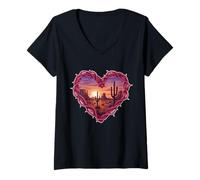 Donna Desert Heart Cactus Tramonto Southwest Romance Wall Art Maglietta con Collo a V