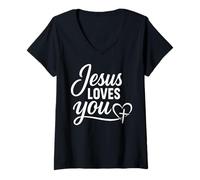 Donna Design a Cuore Cristiano con Scritta Jesus Loves You Maglietta con Collo a V