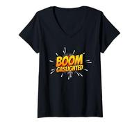 Donna Design a Forma di Esplosione a Fumetti Illuminato da Boom Maglietta con Collo a V