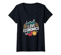 Donna Design a Forma di Moneta Grafica I Love Economics Maglietta con Collo a V