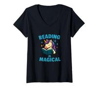 Donna Design a Libro con Unicorno Reading Is Magic Maglietta con Collo a V