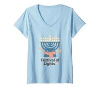 Donna Design a Luce Calda per Hanukkah Menorah Festival Maglietta con Collo a V