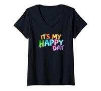 Donna Design ad acquerello con messaggio - ITS MY HAPPY DAY 1 - Fan Fun Maglietta con Collo a V