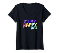 Donna Design ad acquerello con messaggio - ITS MY HAPPY DAY 2 - Fan Fun Maglietta con Collo a V