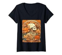 Donna Design Art Nouveau con Rose Arancioni e Cranio Maglietta con Collo a V