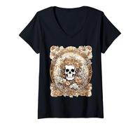 Donna Design Art Nouveau con Rose Autunnali e Cranio Maglietta con Collo a V