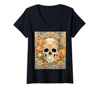 Donna Design Art Nouveau con Rose Color Cranio e Pesca Maglietta con Collo a V