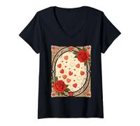 Donna Design Art Nouveau con Rose Rosse e Cuori Maglietta con Collo a V