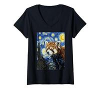 Donna Design Artistico con Panda Rosso Van Gogh Notte Stellata Maglietta con Collo a V