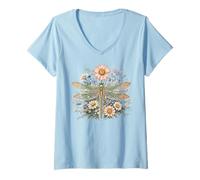 Donna Design botanico con Libellula e Fiori Selvatici Maglietta con Collo a V